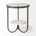 HomeRoots Antiqued Gold Glass; Metal Round Glass Top Metal Side Table with Marble Shelf on Bottom