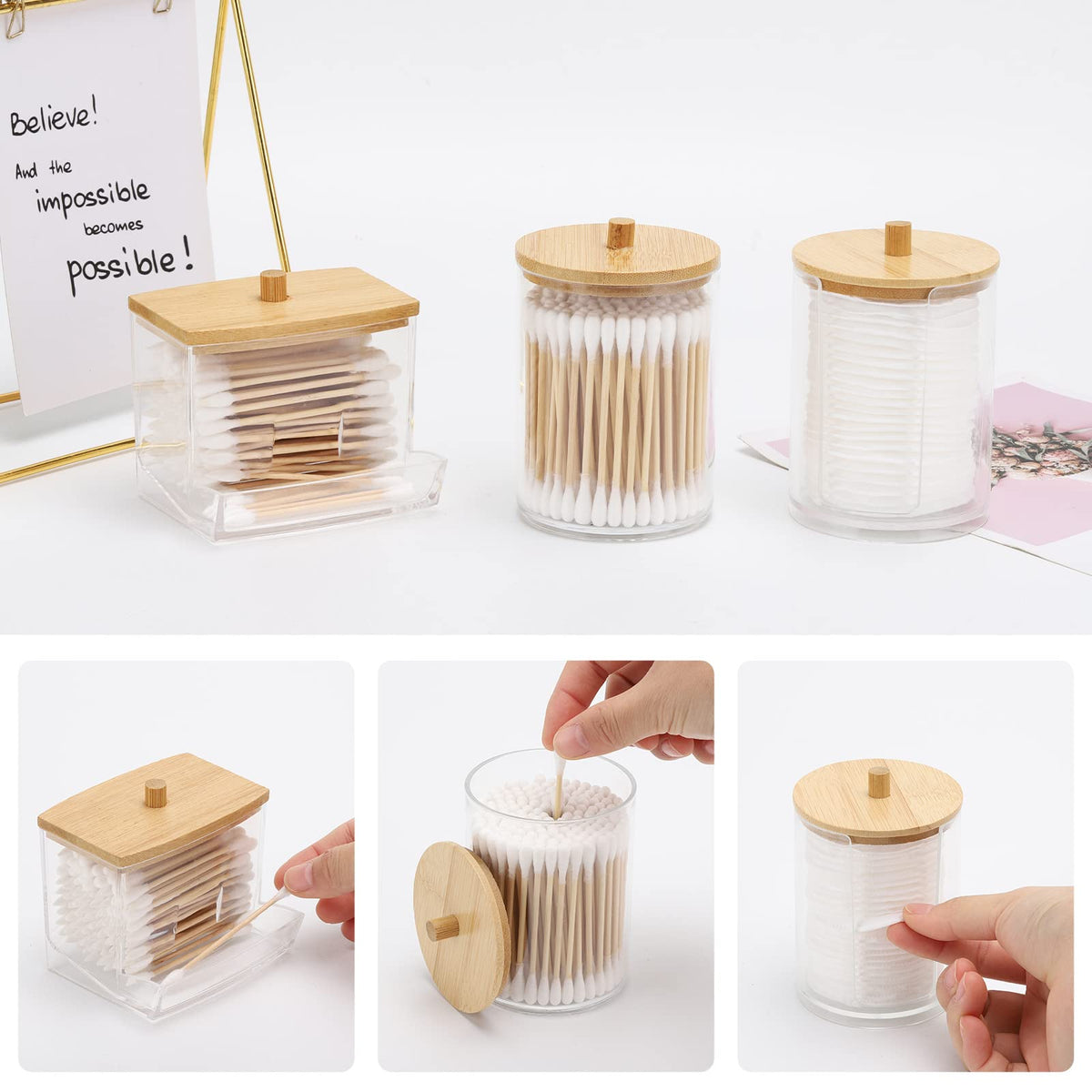 Tbestmax Bathroom Organizer Set - 3 Pcs Apothecary Jars with Brown Wood Lids for Cotton Balls & Qtips, Beige Wood Finish