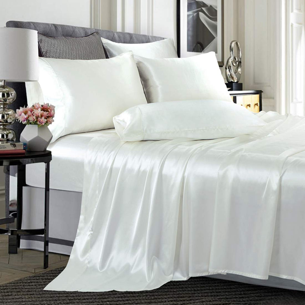 TREELY 6 Piece Satin Sheets King Size Silky Smooth Ivory White Satin Sheet Set with Deep Pocket, Satin Fitted Sheet, Flat Sheet,