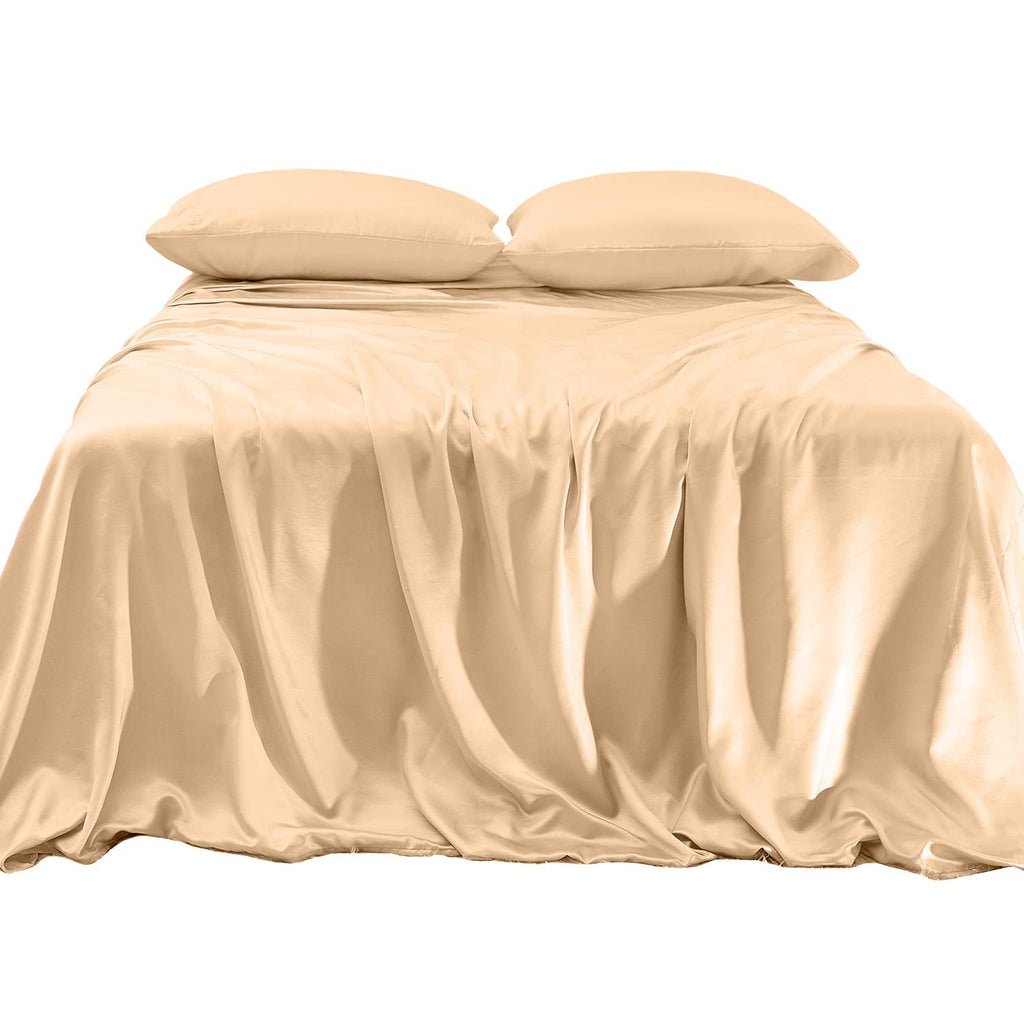 Elegant Comfort Luxurious 4-Piece Silky Satin Sheet Set, Skin And Hair Friendly, Wrinkle, Fade, Stain Resistant With Deep Pockets Fitted Sheet, Cooling Soft Satin Sheet Set, Full, Champaign