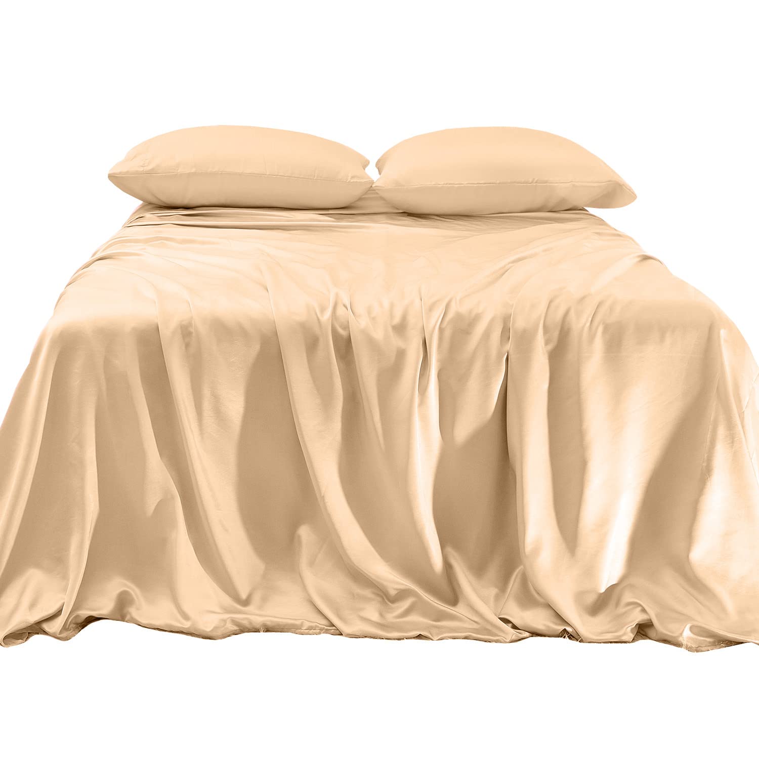 Elegant Comfort Luxurious 4-Piece Silky Satin Sheet Set, Skin And Hair Friendly, Wrinkle, Fade, Stain Resistant With Deep Pockets Fitted Sheet, Cooling Soft Satin Sheet Set, Full, Champaign
