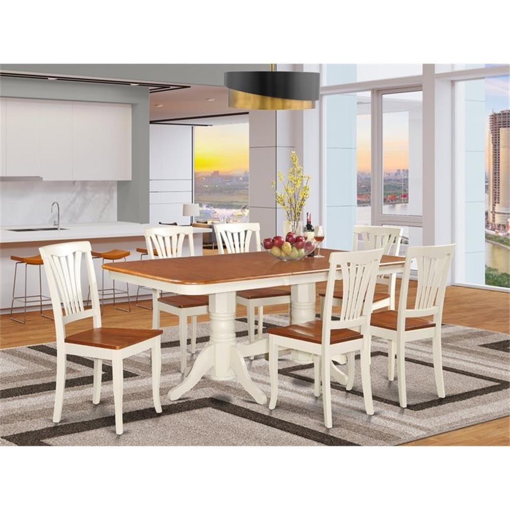 East West Furniture NAAV7-WHI-W 7 Piece Dining Set Consist of a Rectangle Dining Table with Butterfly Leaf and 6 Kitchen Chairs, 40x78 Inch, Buttermilk & Cherry