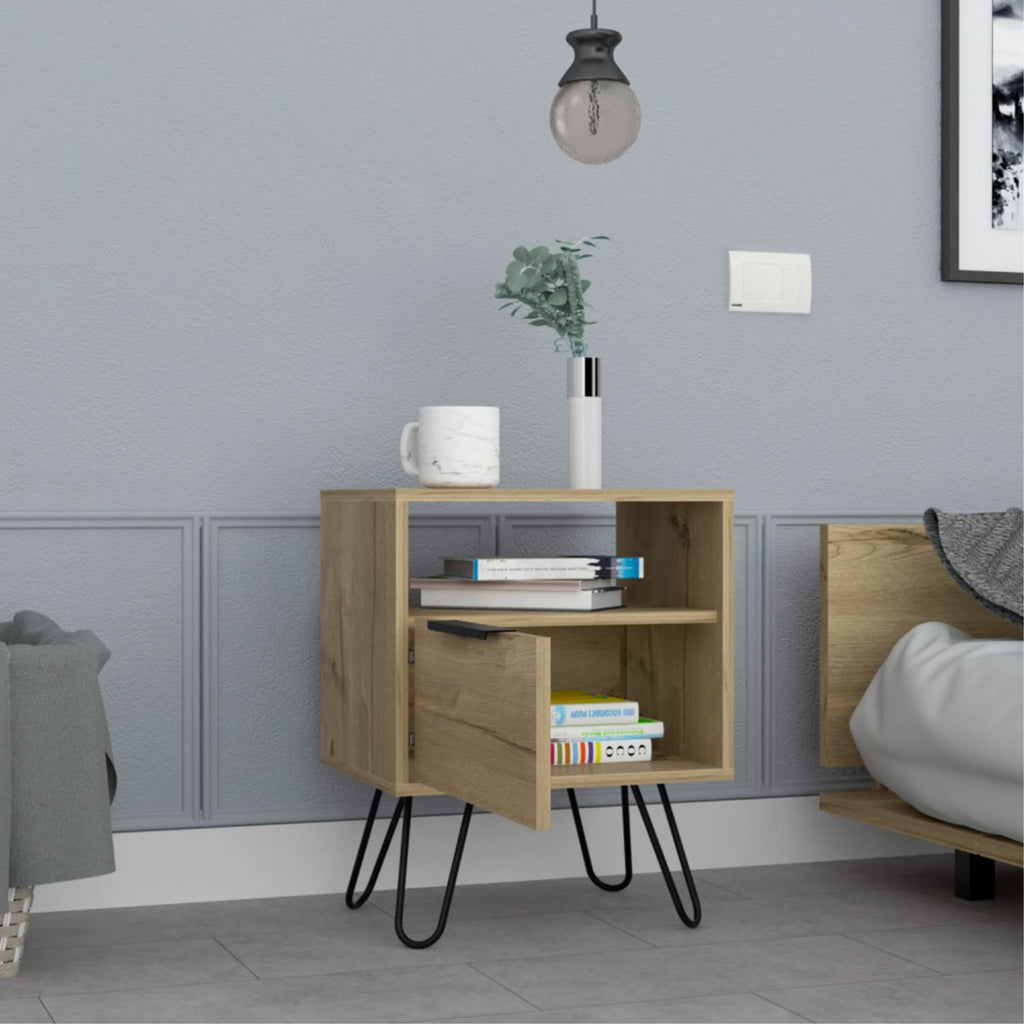 Nightstand 22&Quot; H, 1 Open Shelf, Single Door Cabient, Hairpin Legs, Light Oak