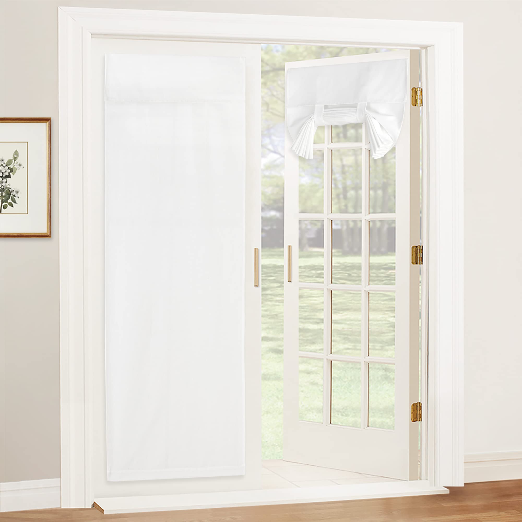 Ryb Home Linen Blended French Door Shades Self Adhesive, Privacy Room Darkening Glass Door Window Curtains For Kitchen Patio Door Sidelight Curtain Tie Up Shades, Wide 34 X Long 69 Inch, 1 Pc, White