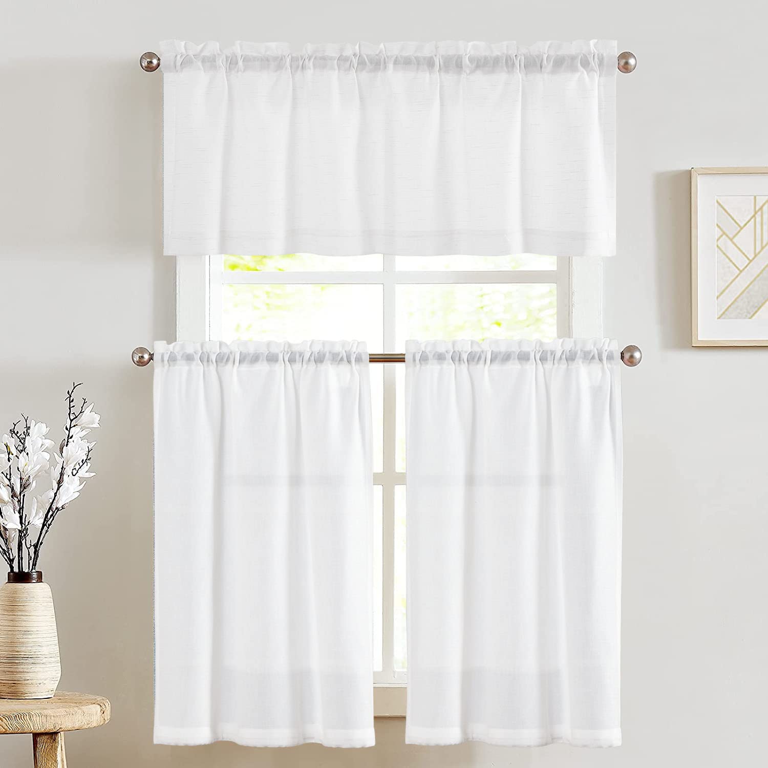 jinchan Linen Kitchen Curtains and Valance Set Tier Curtains 24 Inch Length for Cafe Living Room Bedroom Bathroom Farmhouse Rust
