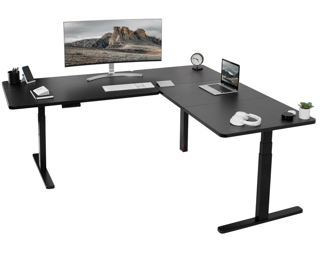 Vivo Electric Height Adjustable 77 X 71 Inch Corner Stand Up Desk, 2 Black 30 Inch Deep Table Tops, Black Frame, Memory Controller, L-Shaped Workstation, 3E Series, Desk-Kit-3E7B