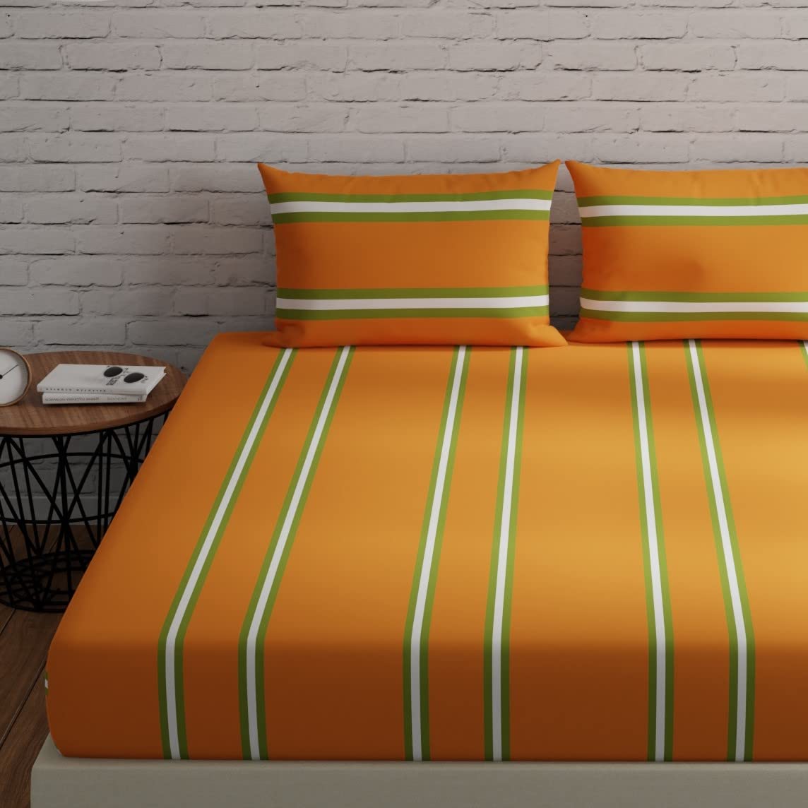 Huesland By Ahmedabad Cotton 144 Tc Double Bed Bedsheet Cotton With 2 Pillow Covers | Striped Orange & Green