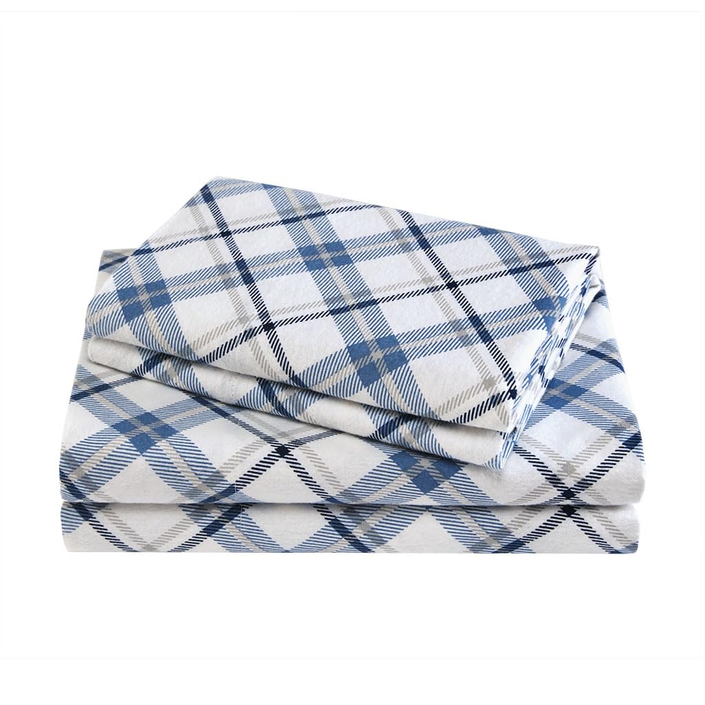 Comfort Spaces Cotton Flannel Breathable Warm Deep Pocket Sheets with Pillow Case Bedding, King, Blue Plaid 4 Piece