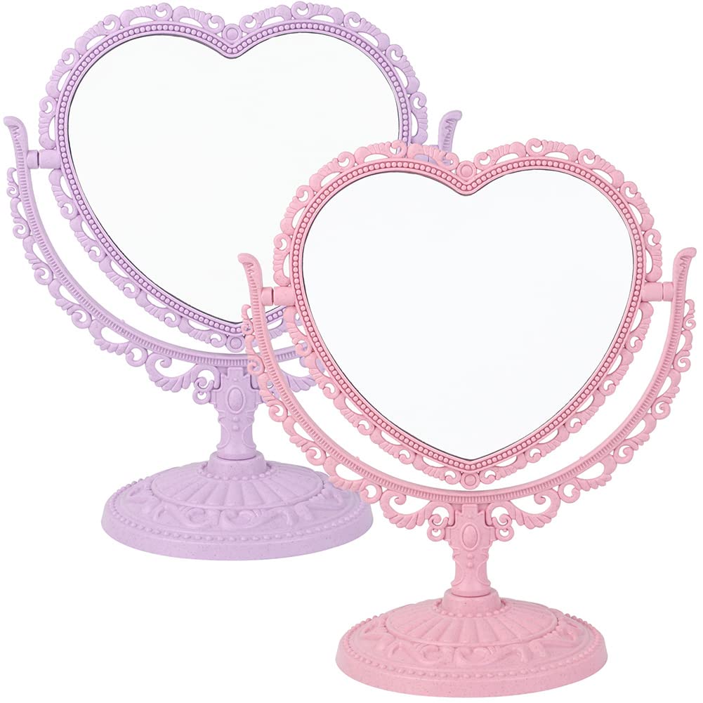 Akoak 1 Pack Simple And Lovely Heart-Shaped Cosmetic Mirror Plastic Double-Sided Rotatable Dresser Mirror Lightweight Mirror Bat