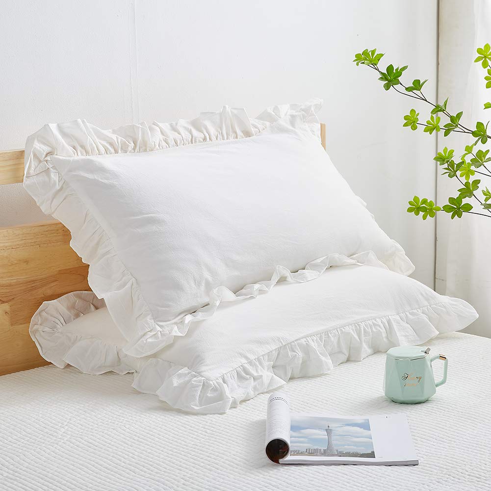 Mywinlle Shabby Off White Ruffle Pillow Shams Standard Size Set Of 2, Washed Cotton Farmhouse Pillowcases Pillow Cover 20''X26''