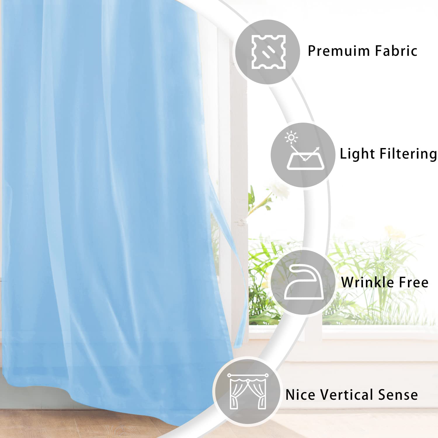 Hiasan Sheer Curtains For Bedroom With Tiebacks, Airy Breathable Voile Drapes Light Filtering Grommet Window Curtains For Living Room, Nursery, Farmhouse, Baby Blue, W52 X L63, 2 Soft Panels