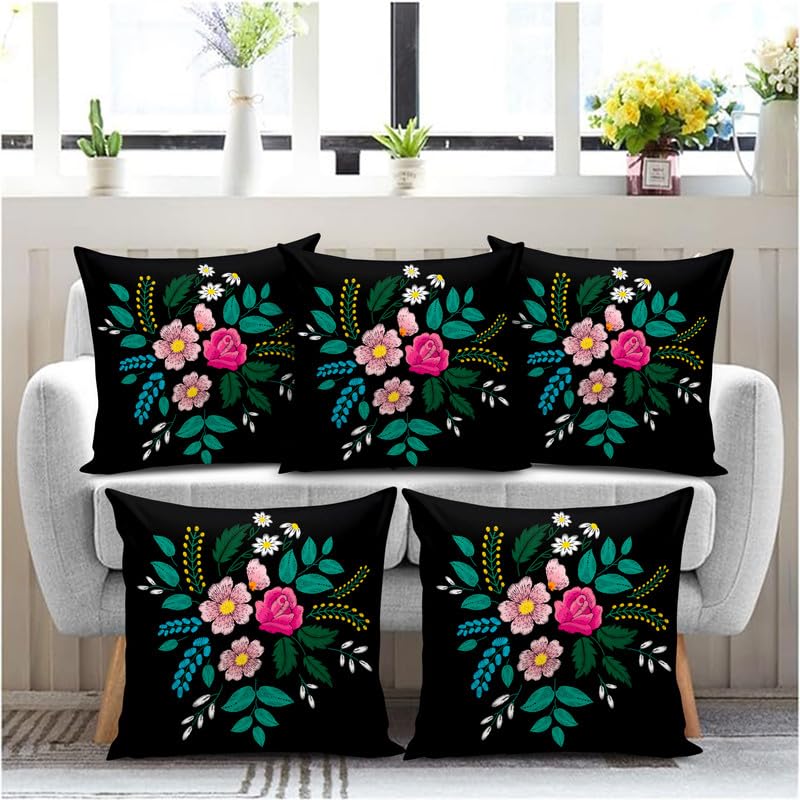 Bmrgifts Jute Fabric Decorative Designer Printed Cushion Cover Decorations For Sofa Living Room 16 X 16 Inch Set Of 5 Multi (Cc1