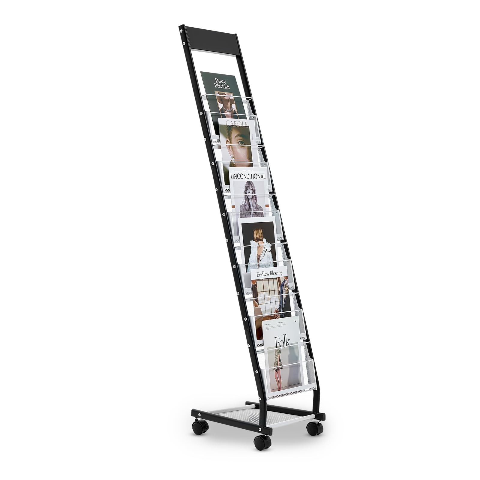 VEVOR Brochure Display Rack, Narrow 6-Tier Magazine Literature Display Stand with Wheels, Metal Floor Standing Magazine Rack, Mo
