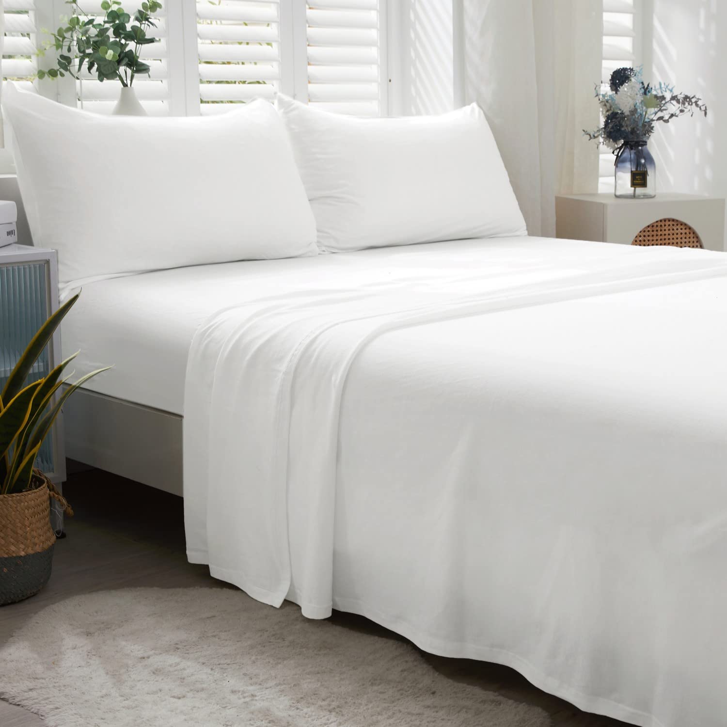 Lifetown 100% Jersey Knit Cotton Bed Sheet Ultra Soft T-Shirt Feel Bedding Sheet 1 Piece Flat Sheet Breathable Wrinkle-Free (Whi