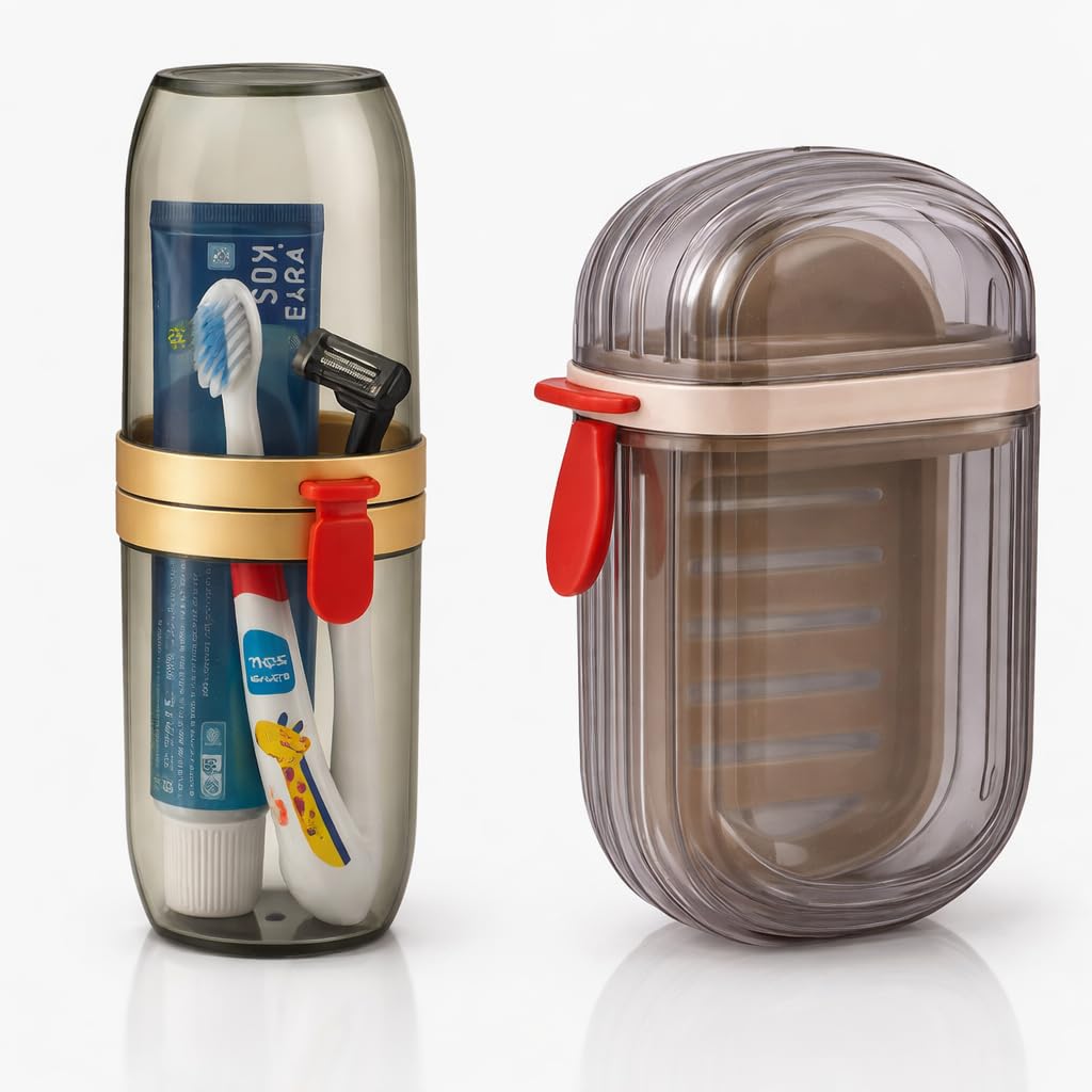Portable Travel Toothbrush Holder Case With Lock | Multipurpose Toothpaste & Razor Storage Box | Bathroom Organizer For Travel,