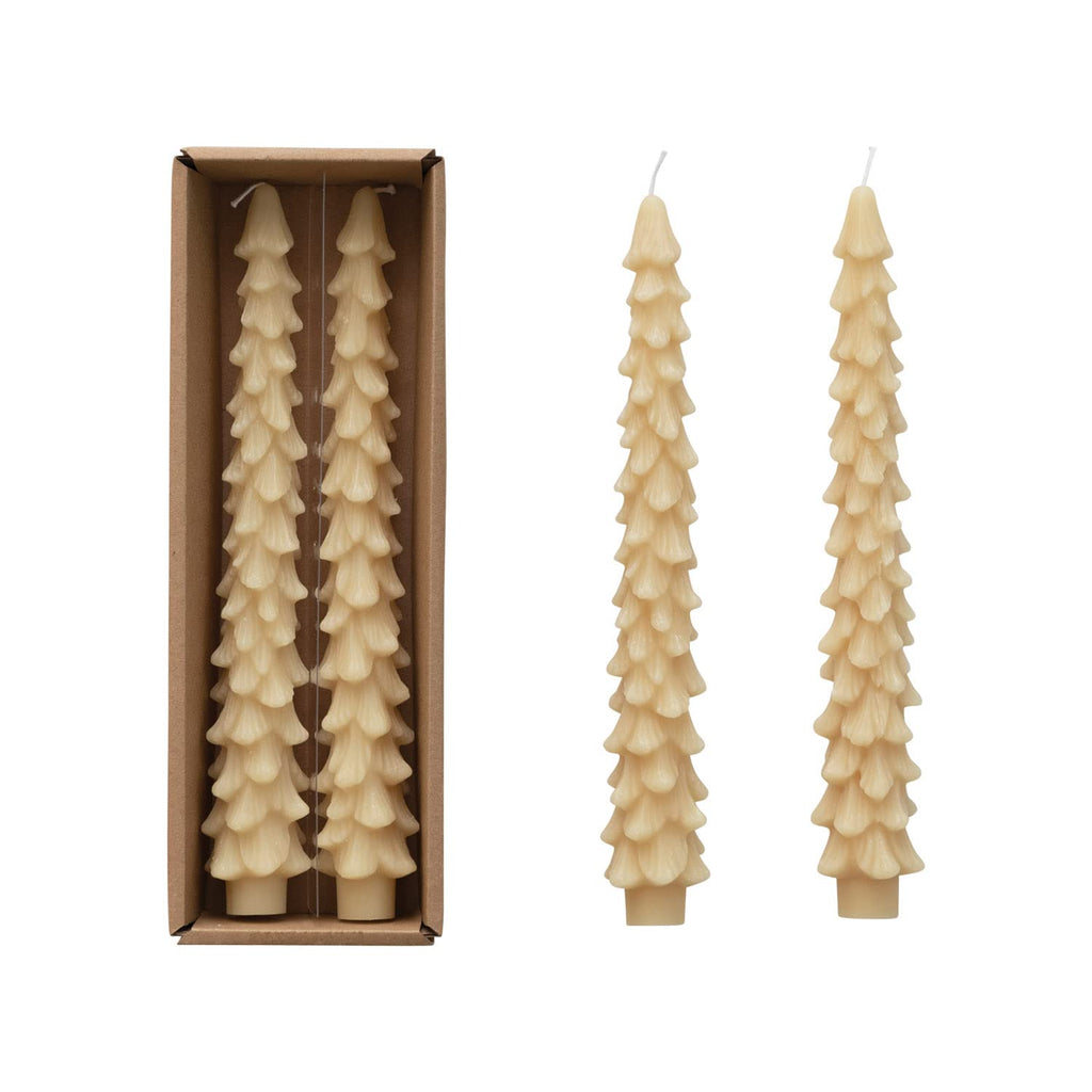 Creative Co-Op Unscented Tree Shaped Taper Candles, Eggnog Beige, Boxed Set Of 2