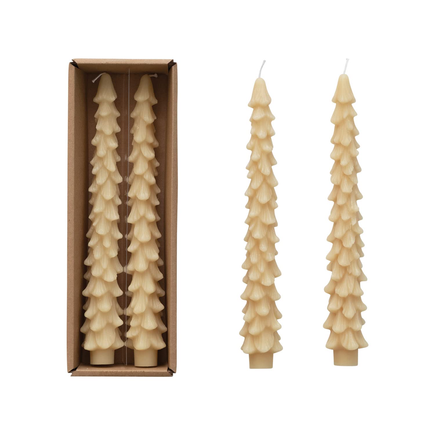 Creative Co-Op Unscented Tree Shaped Taper Candles, Eggnog Beige, Boxed Set Of 2