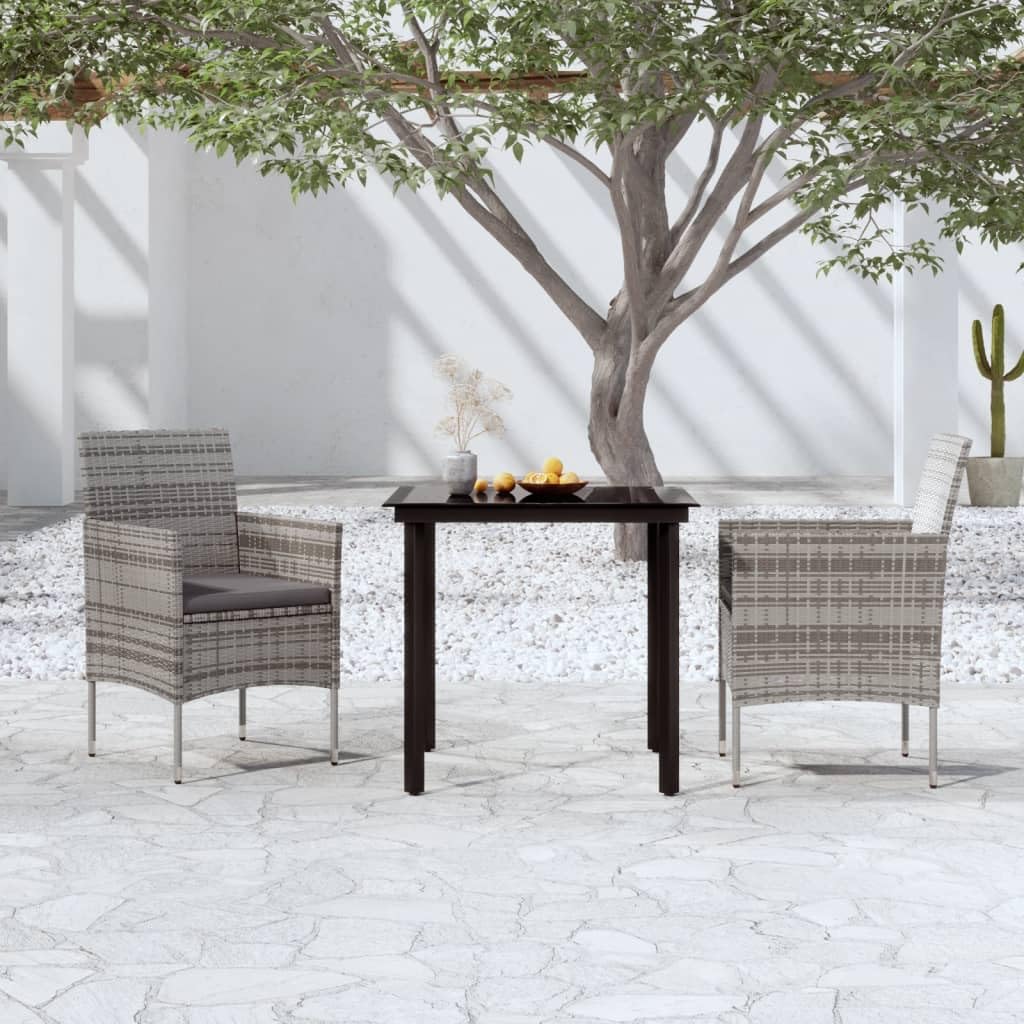 vidaXL 3-Piece Patio Dining Set with Cushions - Rattan Finish, Glass Tabletop, Powder-Coated Steel Frame - Gray & Black.