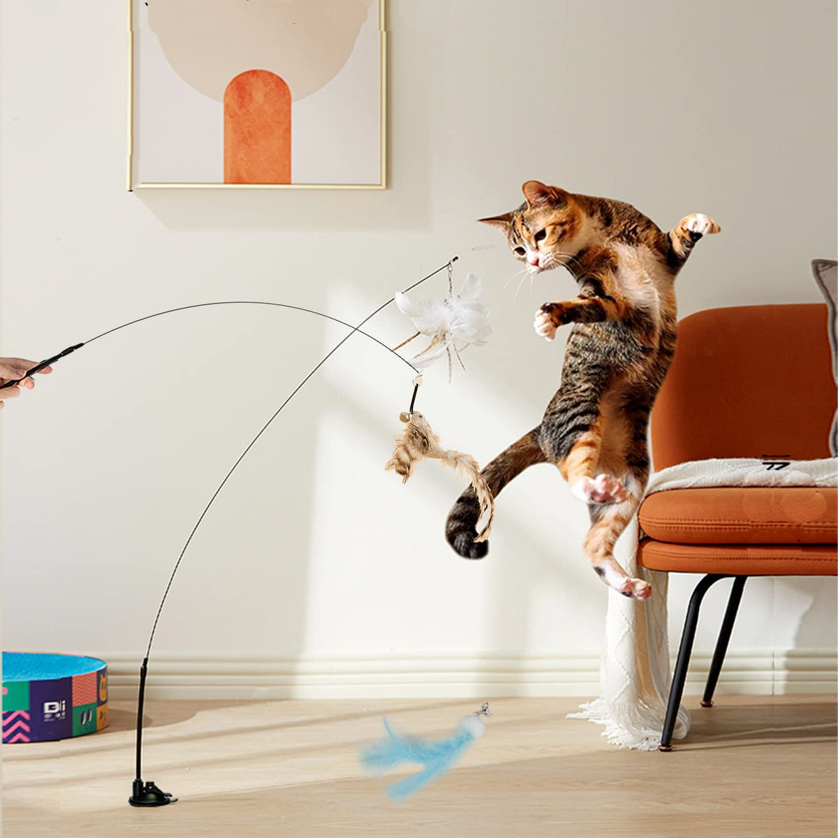 Cat Toy Wand Auto Interactive Cat Toys For Indoor Cat 6 In 1 Handsfree Natural Bird Feather Ball Toys, Suction Cup Pet Indoor D