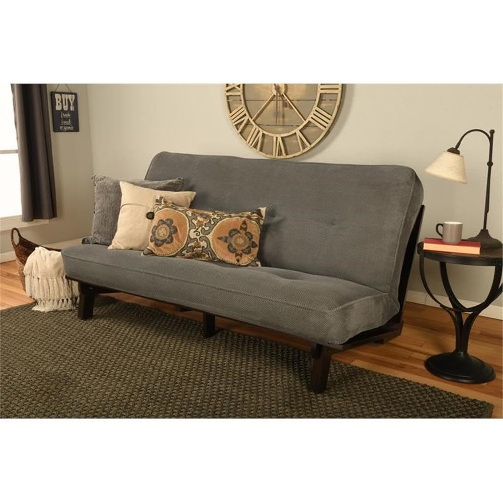 Kodiak Furniture Carson Full Size Futon Frame and Mattress Set - Java Brown Finish Wood Futon Frame with Mattress Included in Marmont Thunder Color