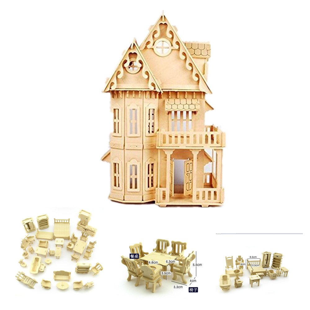 NWFashion 17 Wooden Dream Dollhouse 2 Floors with Furnitures DIY Kits for Christmas Party Dollouse (Gothic Furnitures Sets)