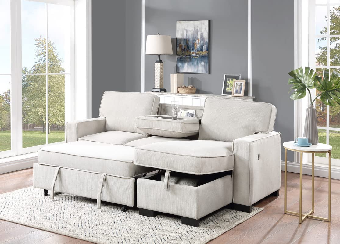 Lilola Home Estelle 87 W Beige Fabric Reversible Sleeper Sectional Sofa with Storage Chaise - L-Shaped Couch with Pull-Out Bed, 