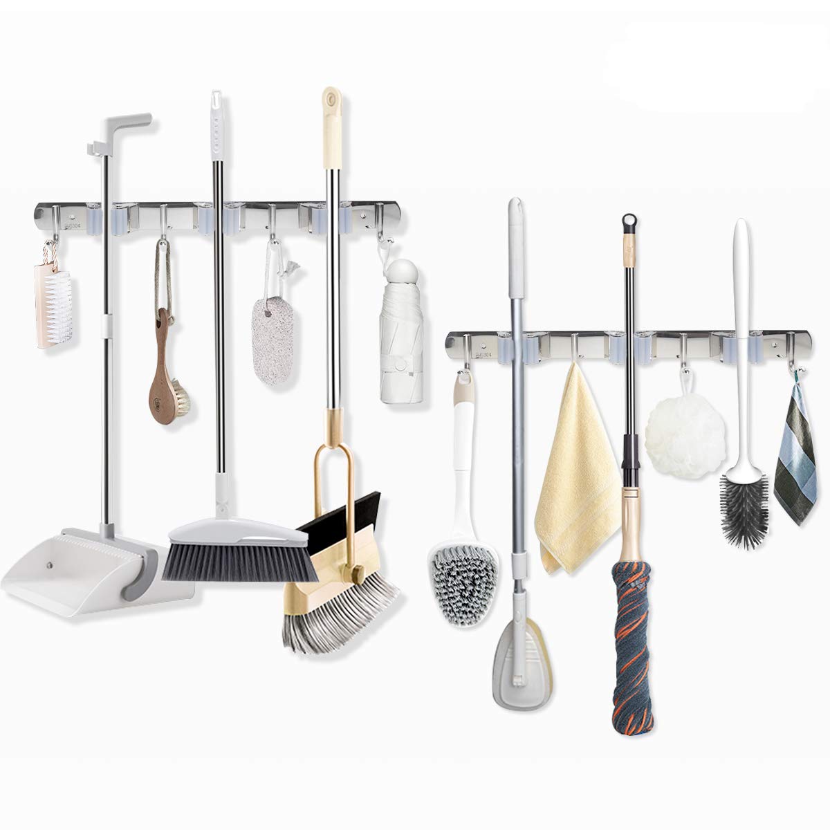 DGSL 4 PCS Broom Holder Wall Mount with 3 Racks 4 Hooks, Stainless Steel Wall Mounted Organizer Mop and Broom Storage Tool Rack 