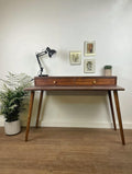 Midcentury Modern Writing Desk, Solid Wood, 2 Drawers With Brass Knobs, Walnut Brown