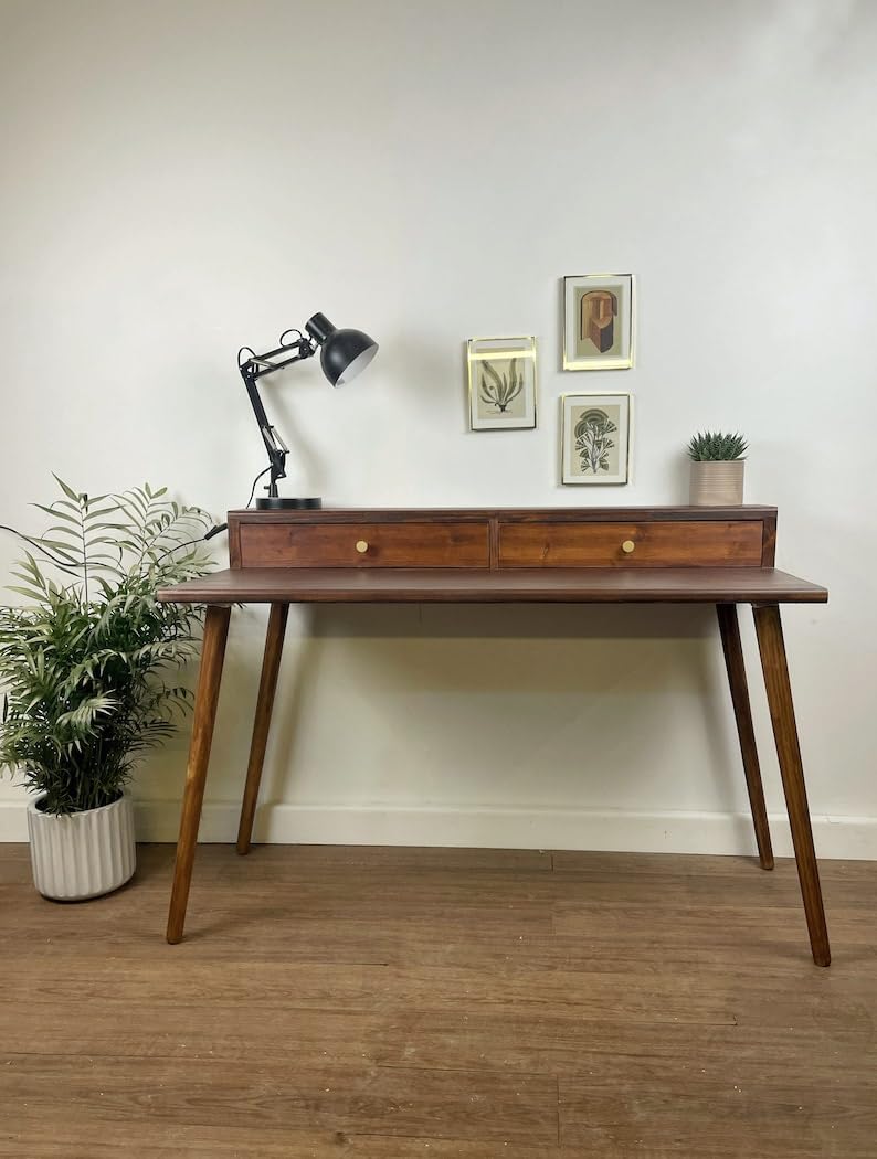 Midcentury Modern Writing Desk, Solid Wood, 2 Drawers With Brass Knobs, Walnut Brown