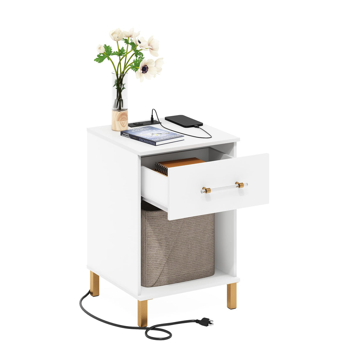 Furinno Tidur End Table, Side Table with USB and Type-C Charging Station, White