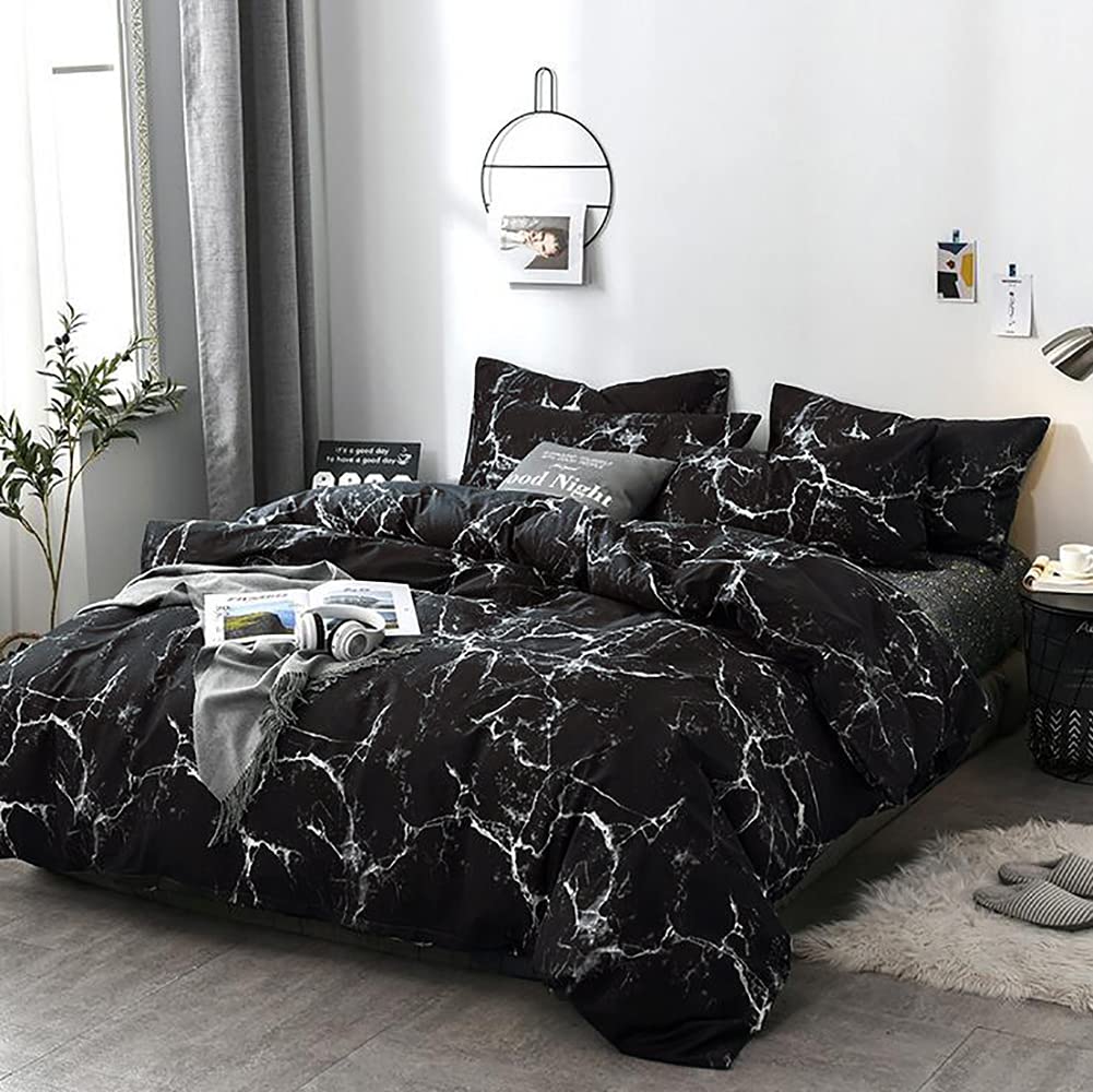 Karever Black Marble Comforter Set Full/Queen White Texture Bedding Reversible Teen Boy Men Full Size Soft Lightweight Quilt Set