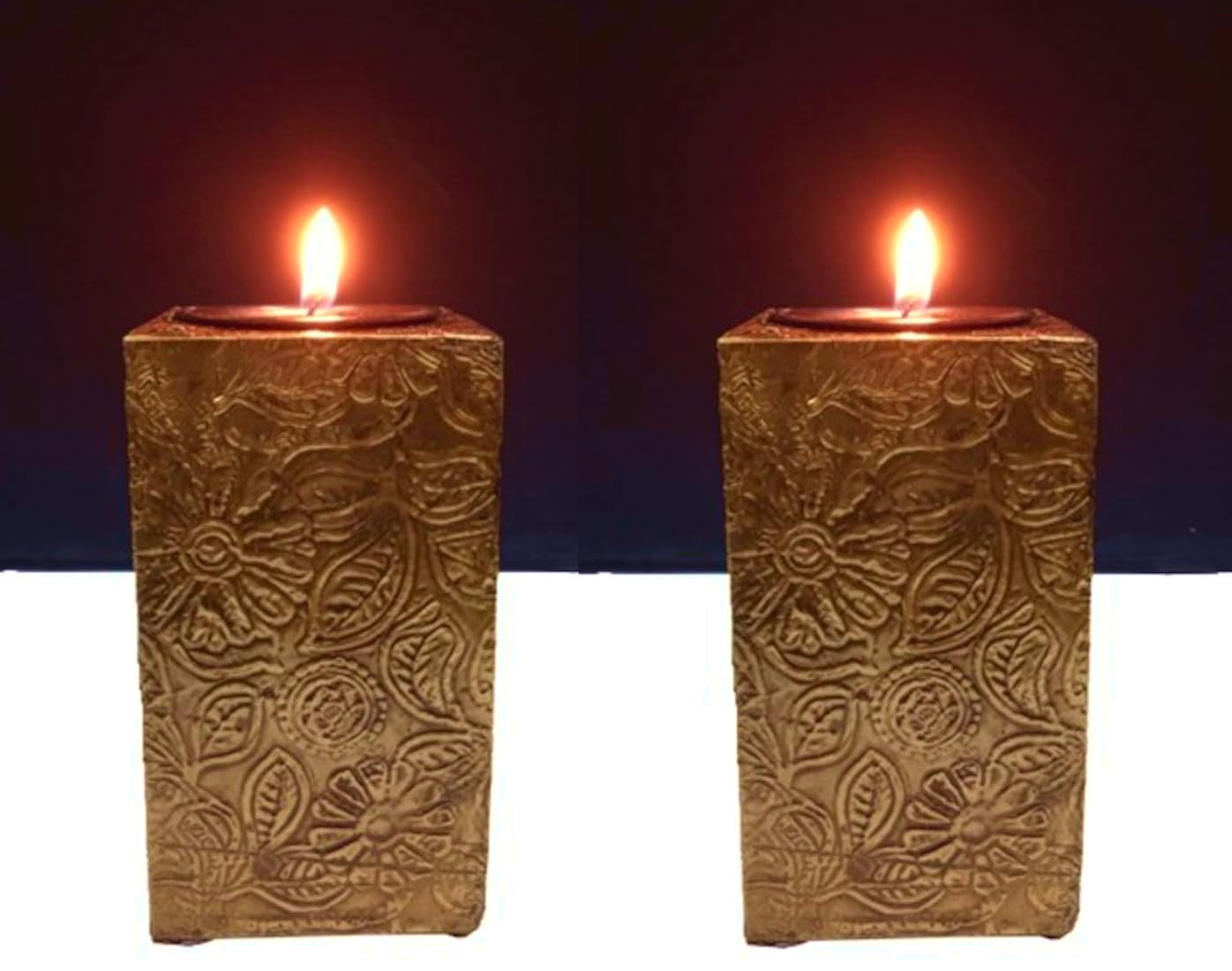 Purpledip Wooden T Light Candle Holders with Brass Sheet Cover (Set of 2) Golden, Indian Souvenir, Gift (10997)