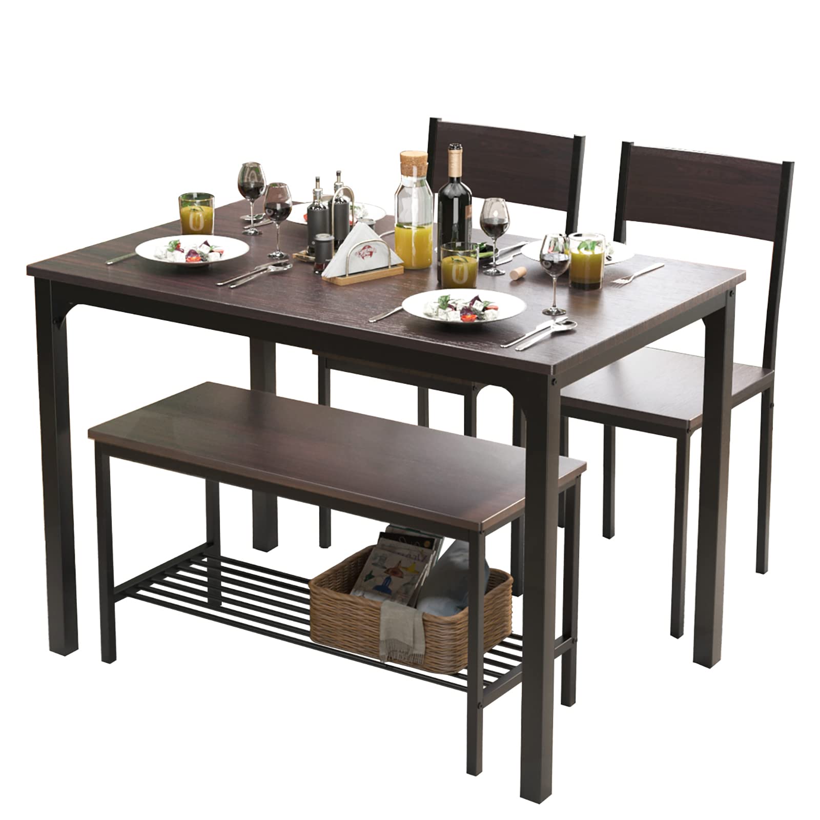 soges Dining Table Set for 4, 43.3 inch Kitchen Table Set with Chairs and Bench, 4 Piece Dining Room Table Set for Small Space, 