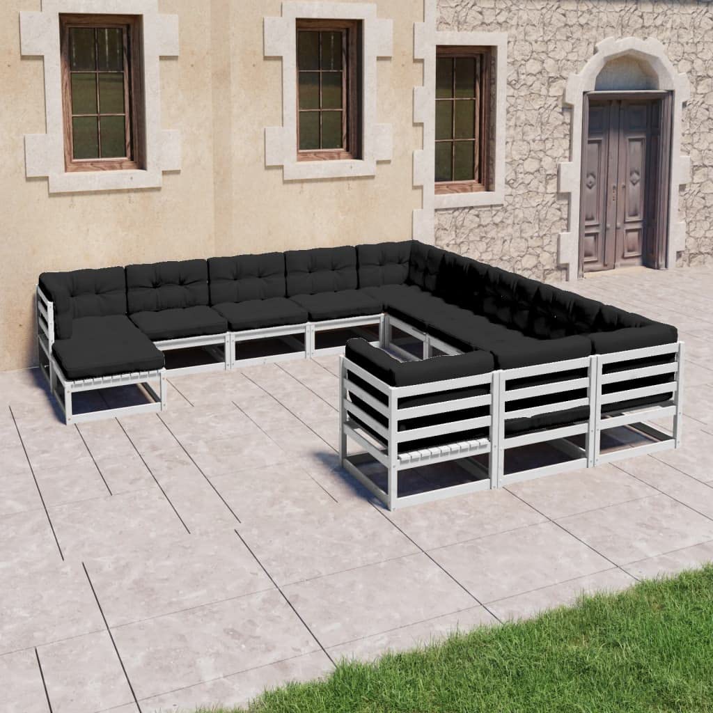 vidaXL Solid Pinewood Patio Lounge Set with Cushions 12 Piece Wooden Lounge Set Garden Outdoor Sofa Seat Sitting Lounger Furniture White