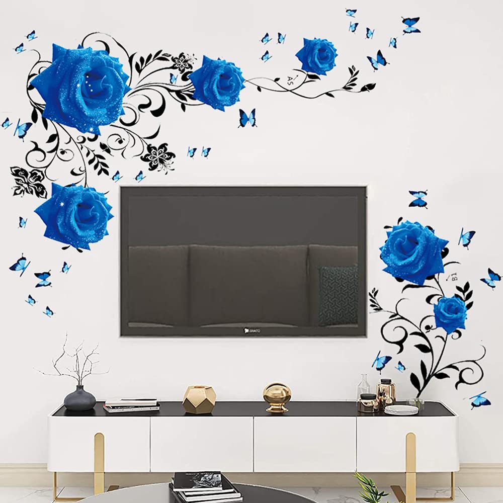 Supzone Blue Rose Wall Stickers Rose Flower Vine Wall Decal Blue Peony Floral Wall Decor DIY Vinyl Mural Art for Bedroom Living 