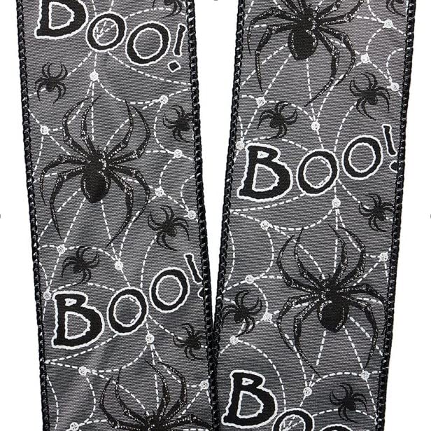 Boo! Spiders Halloween Wired Ribbon - 2 1/2' X 10 Yards, Gray & Black, White Webs, Bows, Wreath, Party Decor, Gift Basket, Clas