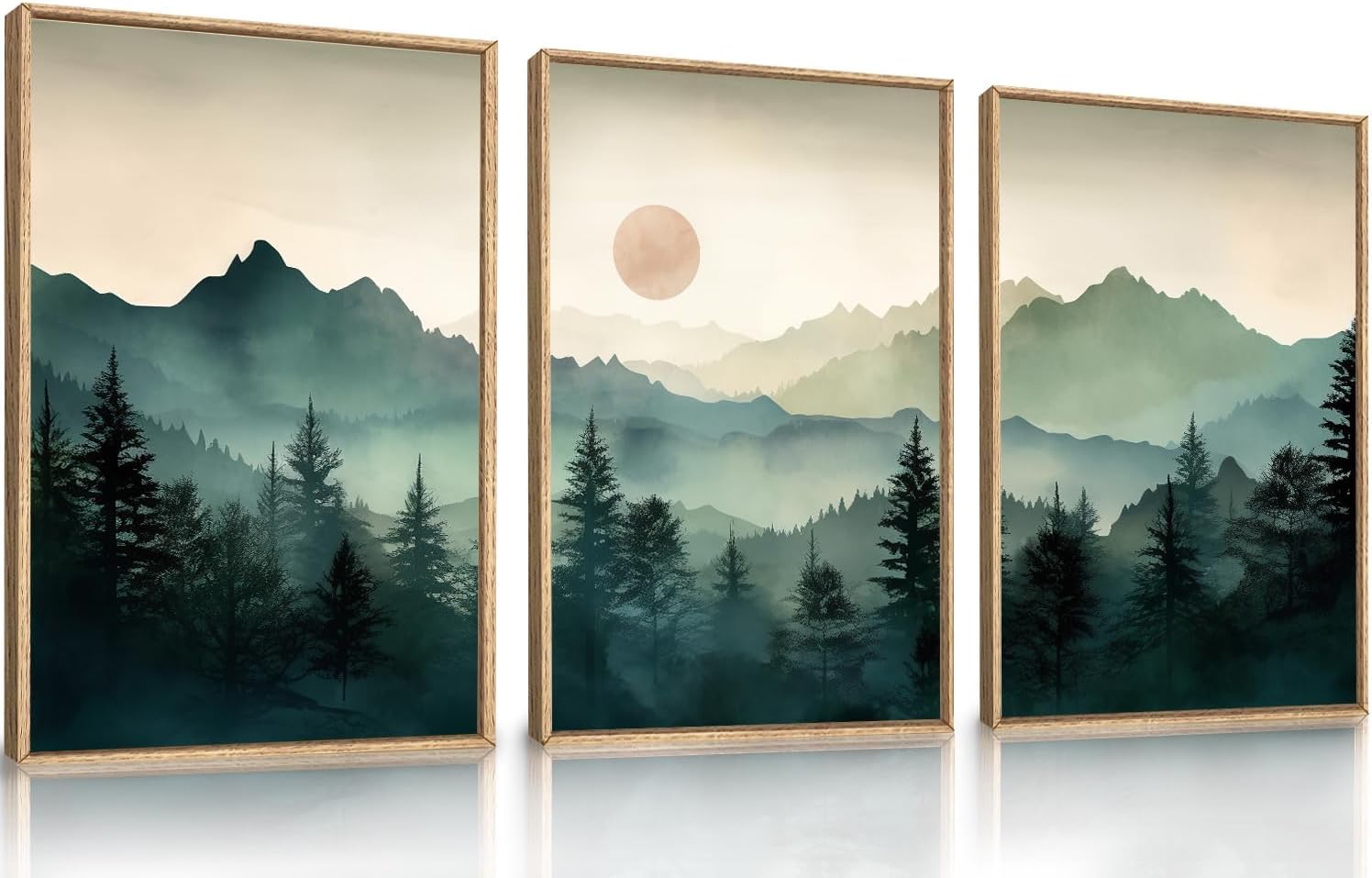 LHIUEM Large Boho Mountain Framed Wall Art Set,Watercolor Pine Tree Wall Painting,Abstract Foggy Green Forest Artwork,Modern Nat