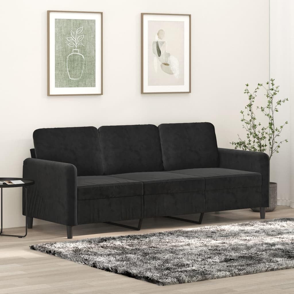 vidaXL 3-Seater Sofa - Spacious Velvet Sofa in Black - Thickly Padded for Optimal Comfort - Sturdy Metal Frame - Ideal for Home, Office, Living Room, Lounge Area - Seat Width: 70.9