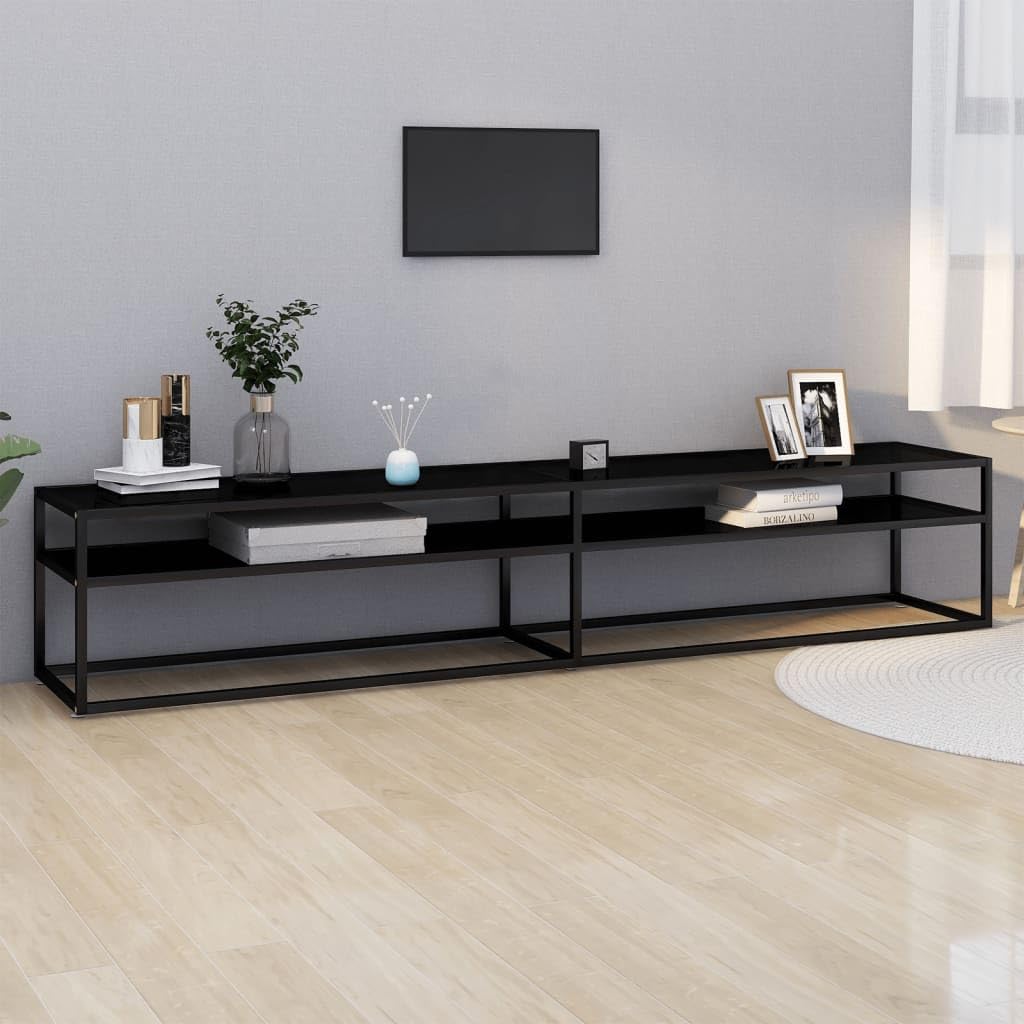 vidaXL Black TV Cabinet with Tempered Glass and Powder-Coated Steel - Sleek, Streamlined Design - Ample Storage Space 86.6"x15.7"x15.9"