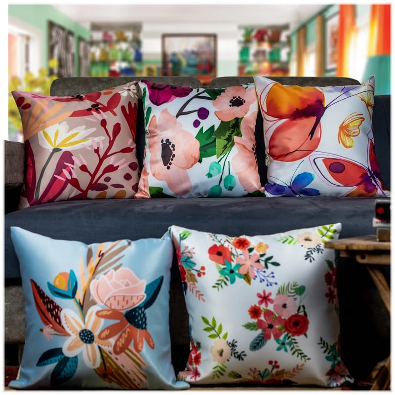 Vendola Printed Satin Sofa Cushion Covers Set Of 5 16 Inch X 16 Inch, Blue, White & Red Throw Pillow Covers For Sofa, Decorative