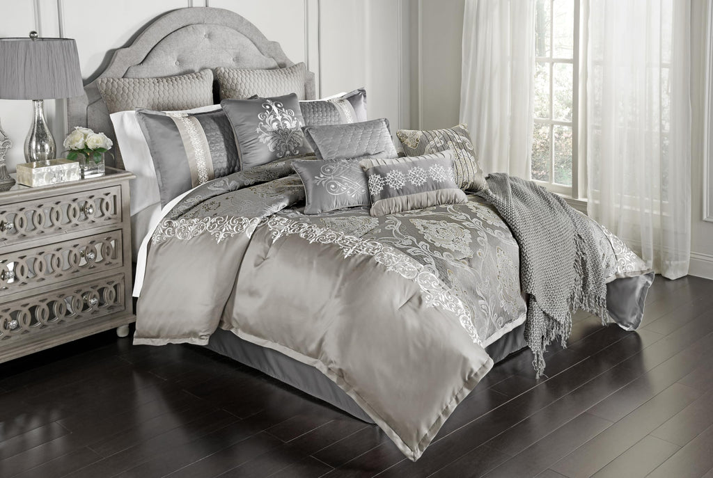 Riverbrook Home Elegant Collection Comforter Set, Queen, Kacee - Platinum, 12-Piece Set