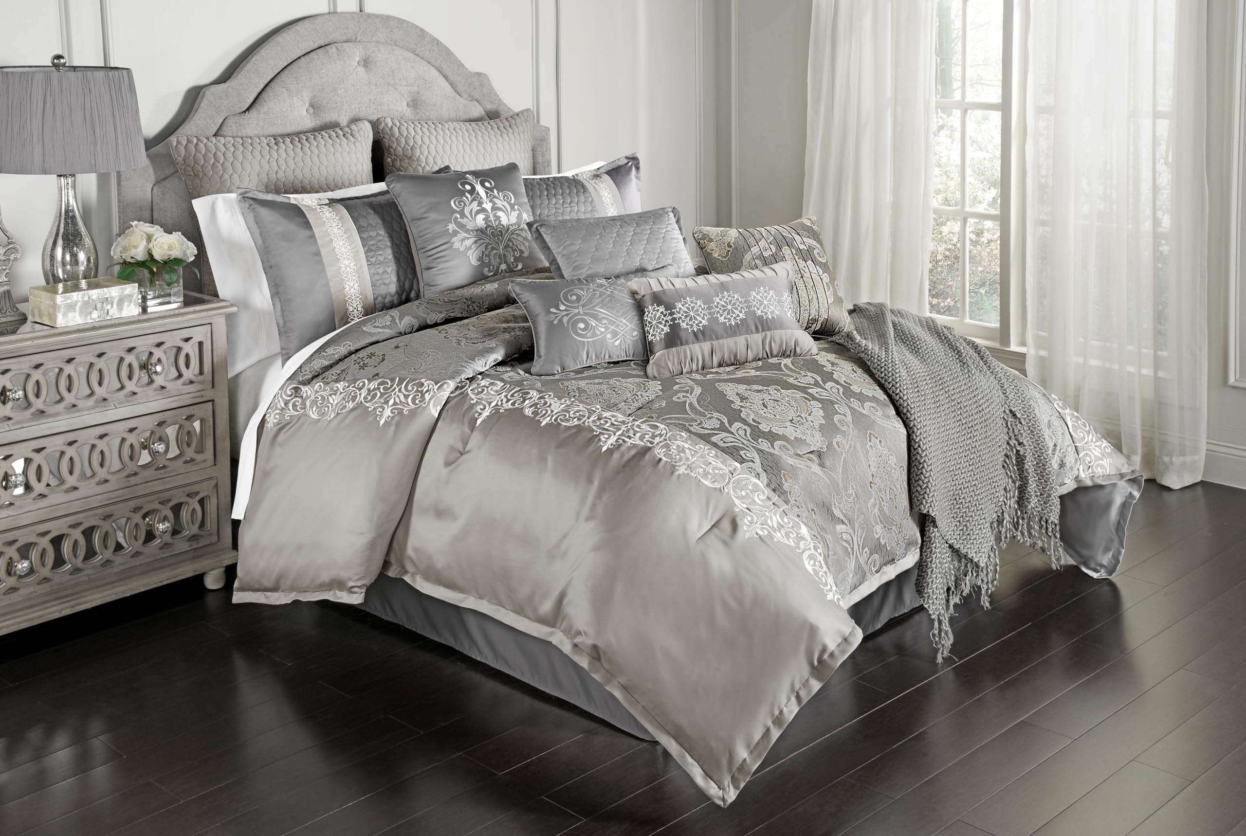 Riverbrook Home Elegant Collection Comforter Set, Queen, Kacee - Platinum, 12-Piece Set