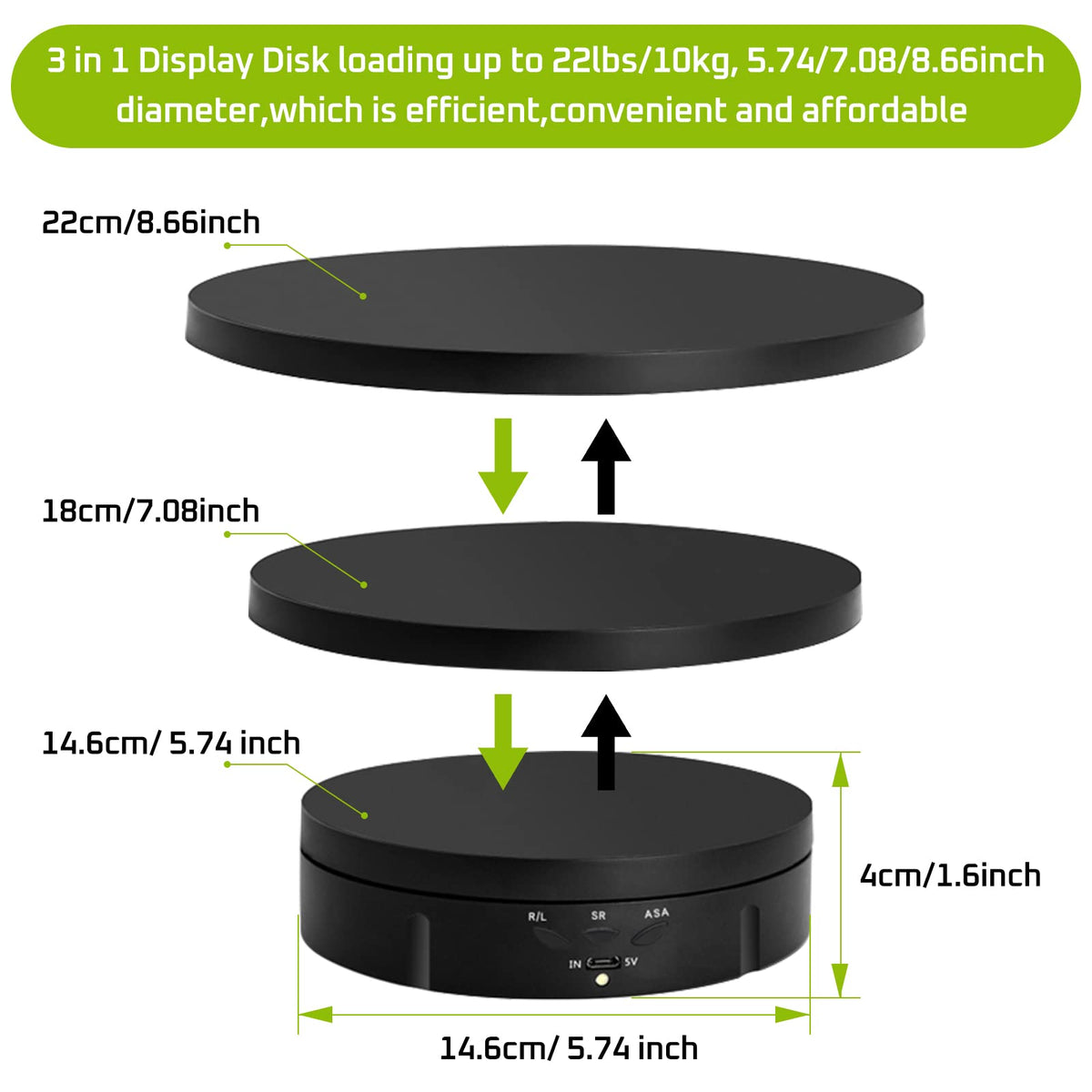 Jayegt 3 In 1 Motorized Rotating Display Stand With 5.74/7.08/8.66 Inch Replacement Cover,Max 22Lbs Load , 3D Models, Cake -Blac