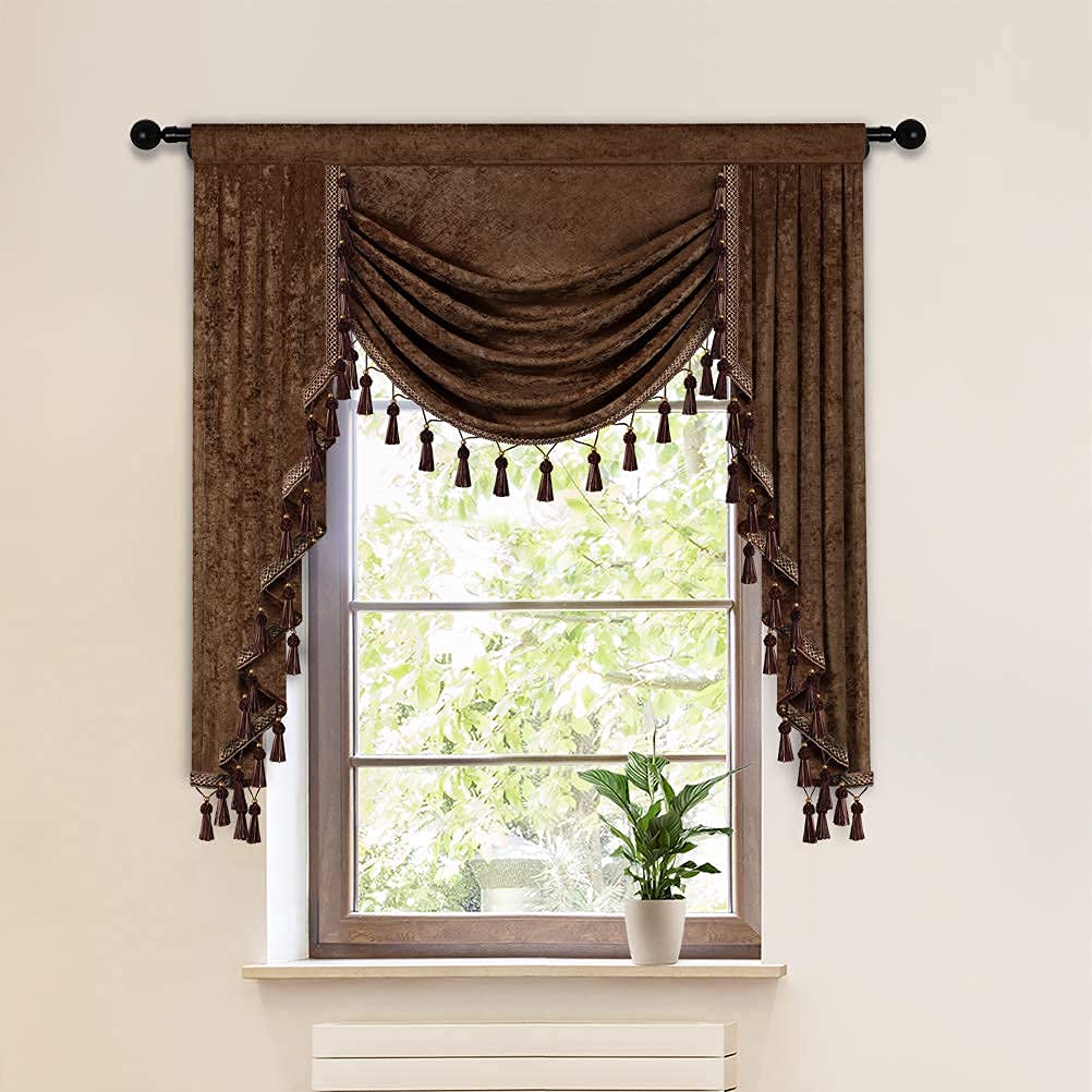 Elkca Thick Chenille Window Curtains Valance For Living Room Chocolate Waterfall Valance For Bedroom,1 Panel (Chocolate, W89)