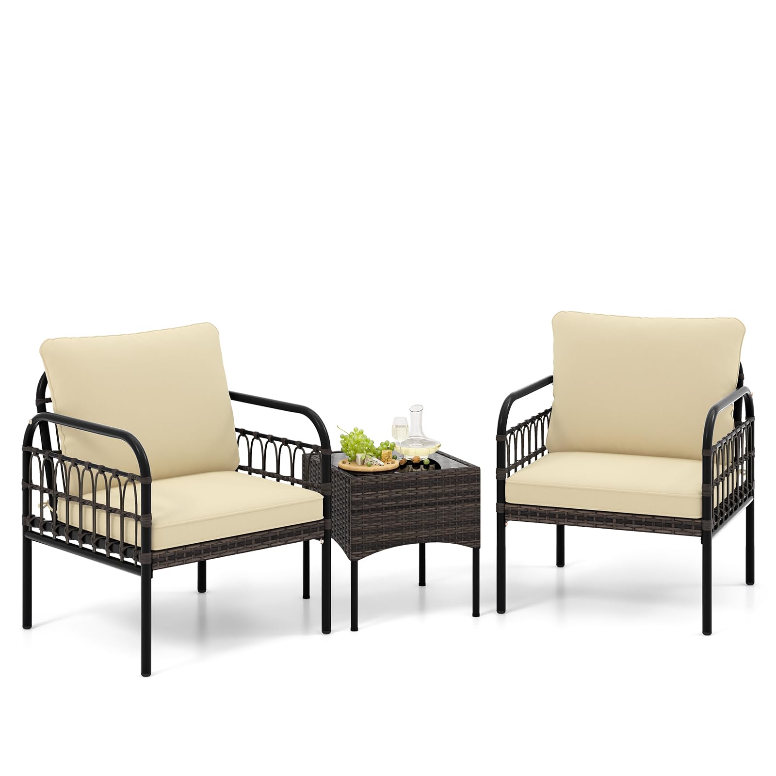Tangkula 3 Pieces Patio Wicker Furniture Set, Outdoor Conversation Bistro Set With Cushioned Chairs And Tempered Glass Coffee Table, Modern Rattan Chair Set For Porch, Balcony, Lawn (Mix Brown-Beige)