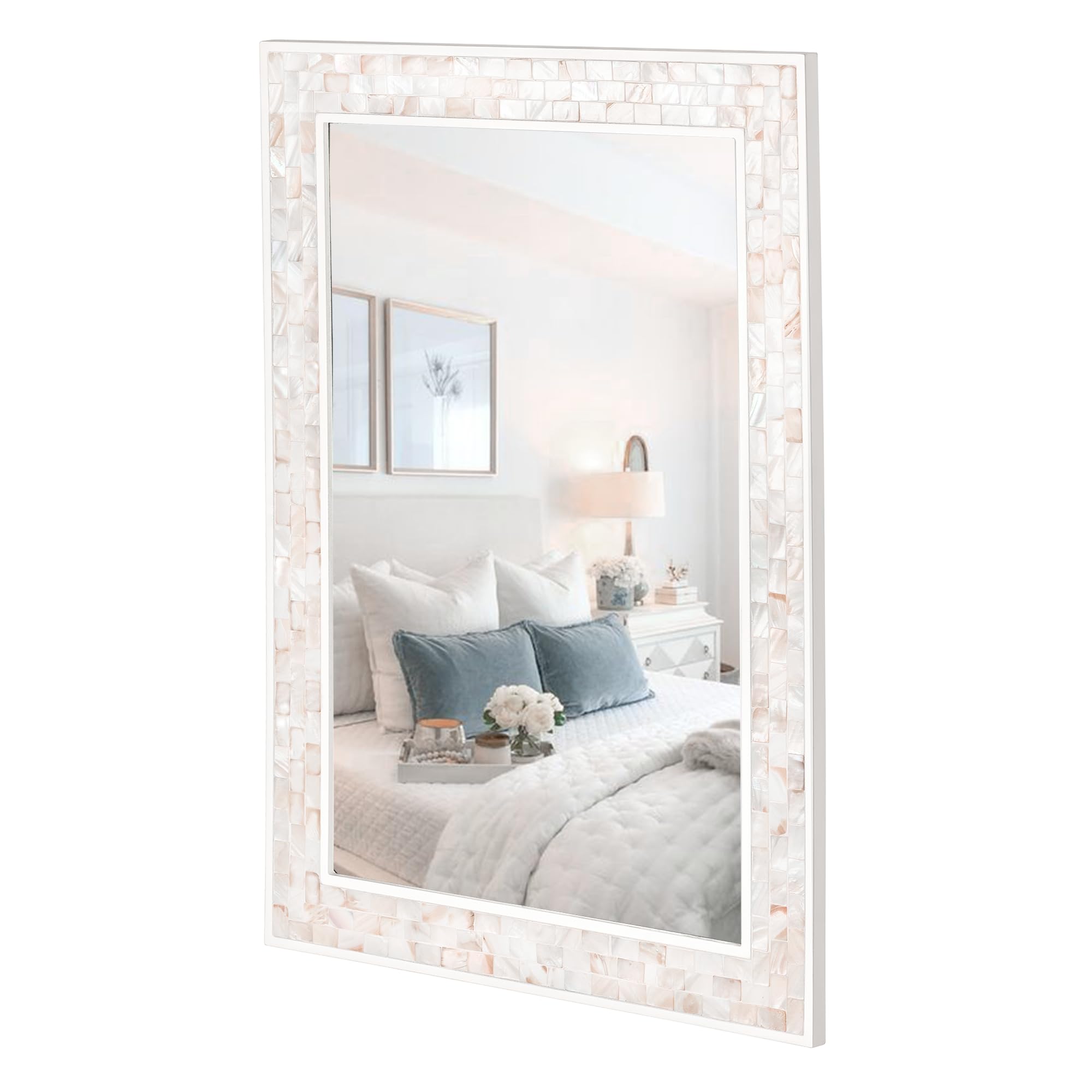 Tanmicoshomy White Wall Mirror, 20x 28 Inch Rectangle Wall Mirror with Natural Shell for Bathroom Vanity, Bedroom, Living Room, 