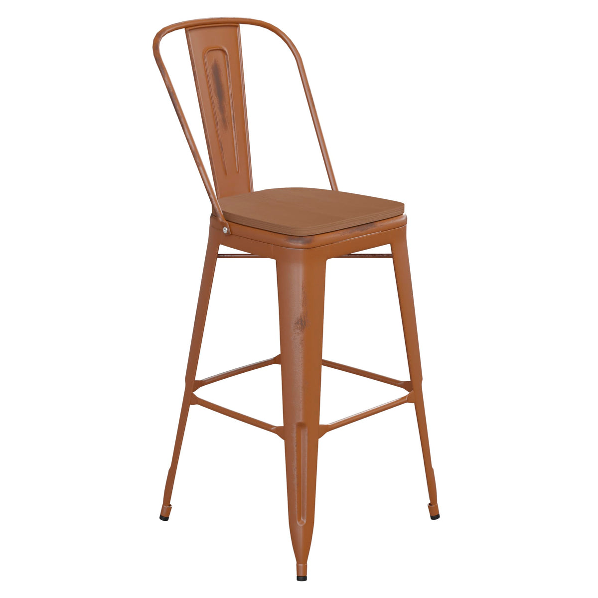 Flash Furniture Carly Commercial Grade 30 High Orange Metal Indoor-Outdoor Bar Height Stool with Back and Teak Polystyrene Seat