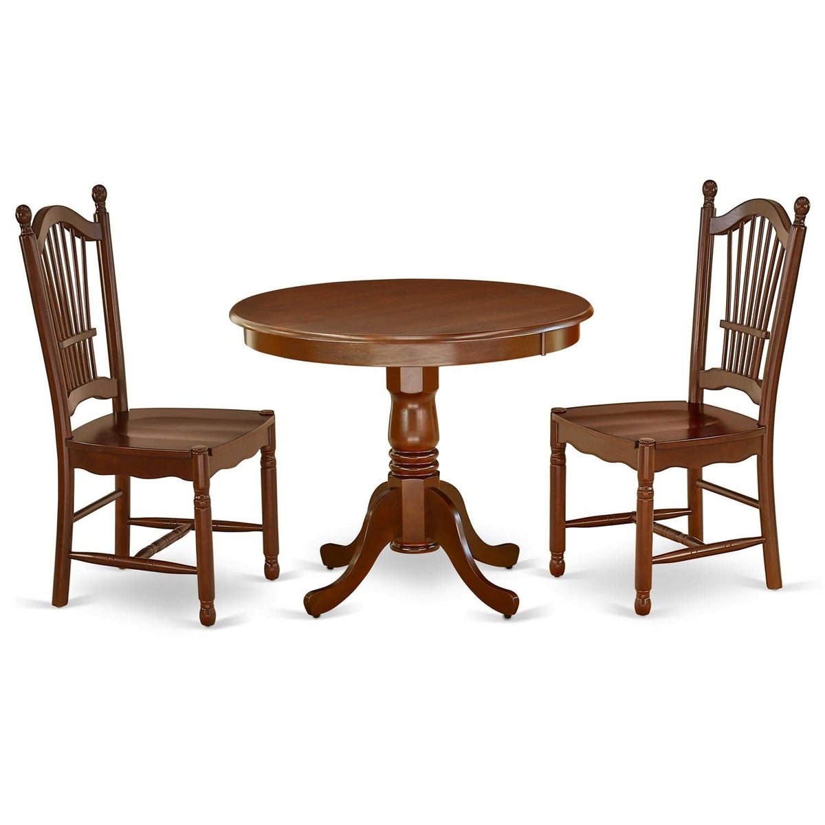 East West Furniture Ando3-Mah-W 3 Piece Dining Set Contains A Round Dining Room Table With Pedestal And 2 Wood Seat Chairs, 36X36 Inch, Mahogany