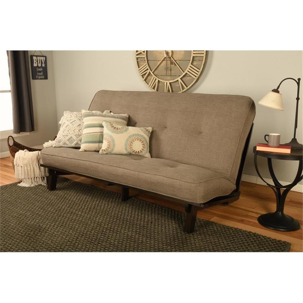 Kodiak Furniture Carson Full Size Futon Frame and Mattress Set - Java Brown Finish Wood Futon Frame with Mattress Included in Linen Stone Color