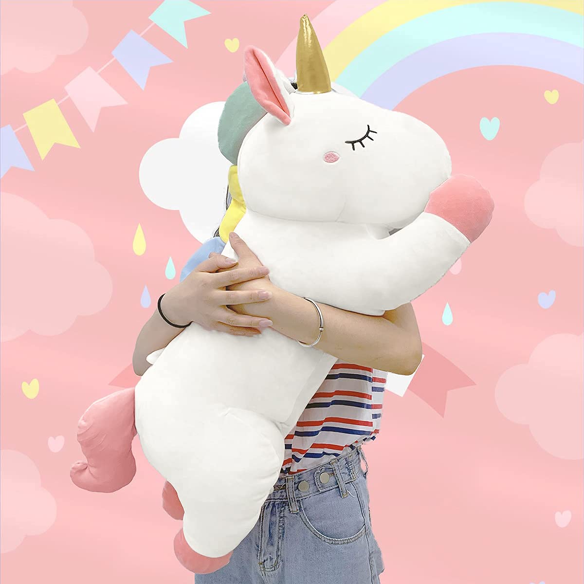 AreluX 24in Cute White Giant Stuffed Unicorn Plush: Soft Animal Hugging Pillow, Big Body Plushie, Large Unicorn Room Decor